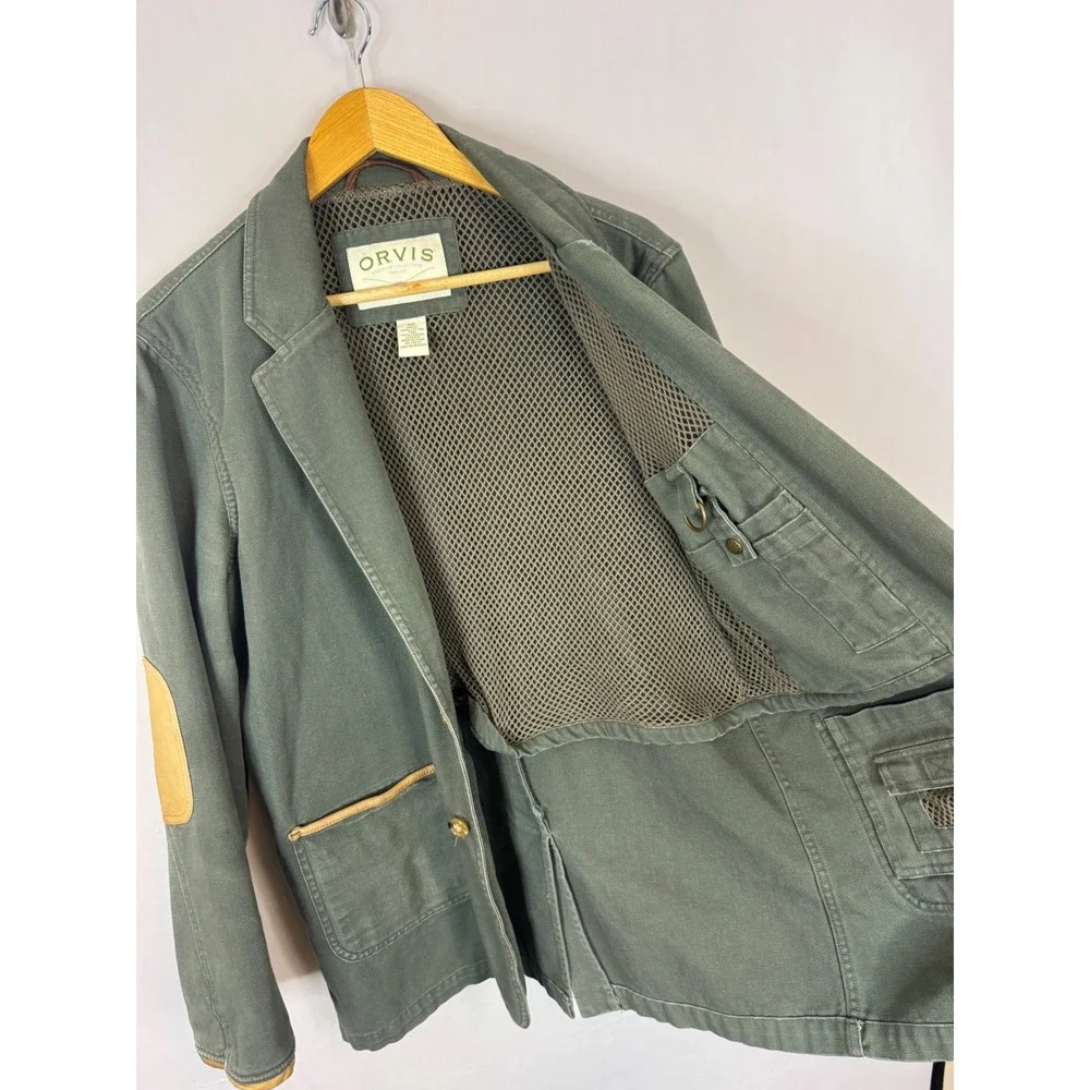 Orvis Mens Canvas Field Blazer Jacket Green Leather Trim Elbow Patches 40L